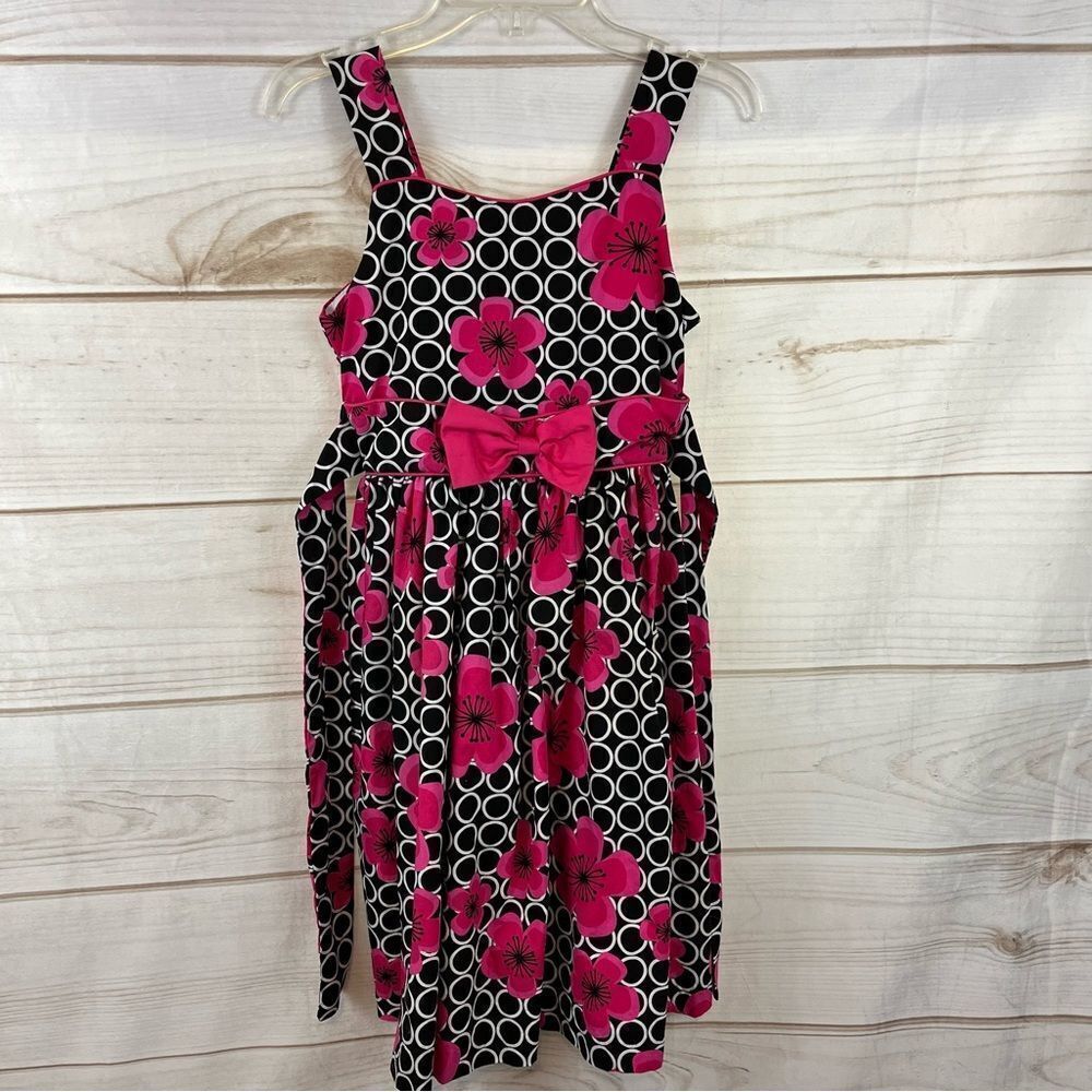 NWOT Girls Jayne Copeland Pink, Black & White Polka Dot Floral Dress Size 10